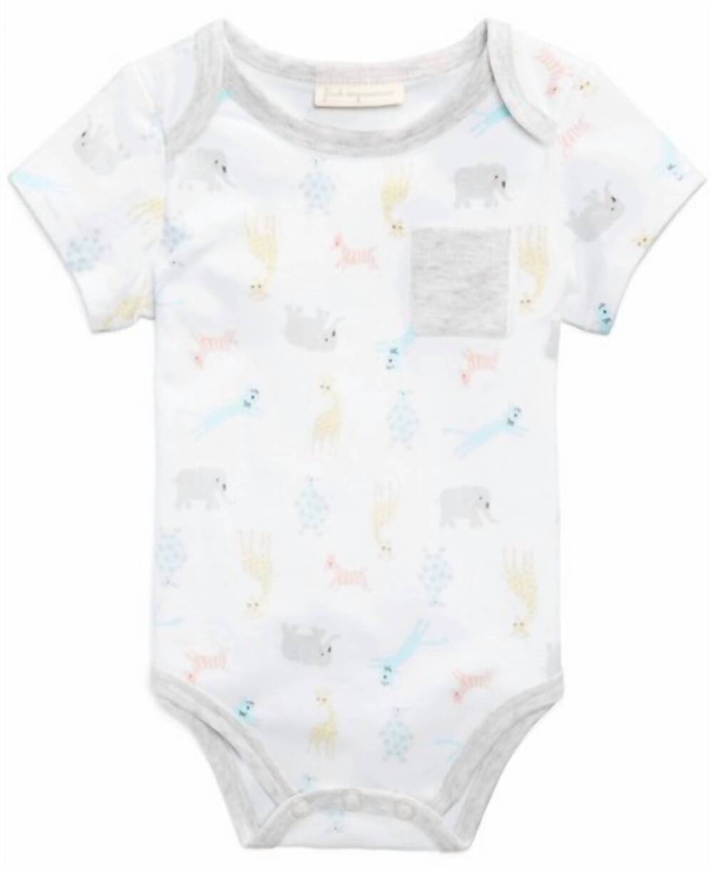 NEW FIRST IMPRESSIONS infant boys zoo print pocket bodysuit in bright white